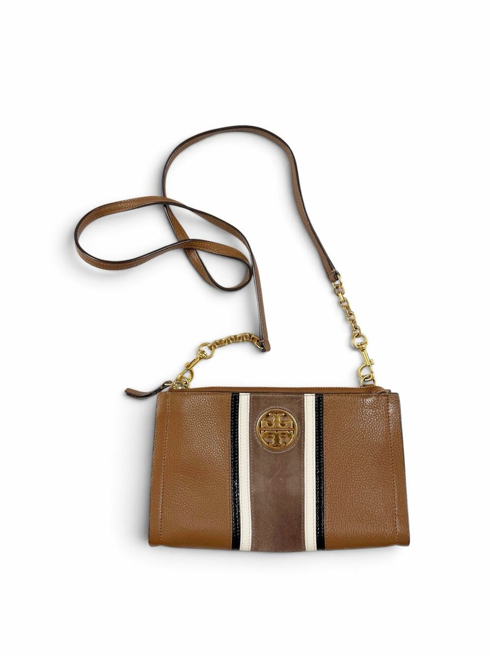 Tory Burch Carson Striped Leather Suede Chain Crossbody Bag Brown Black Cream